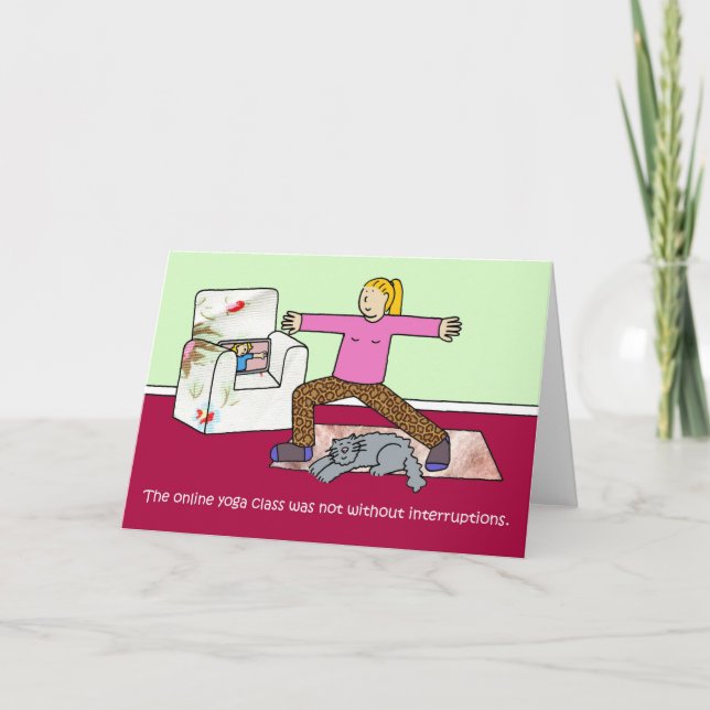 Covid 19 Online Yoga Class Cartoon Humor Holiday Card (Front)