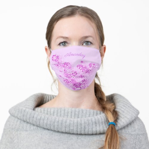 Covid_19 Pink Floral Name Monogram Glitter  Effect Adult Cloth Face Mask