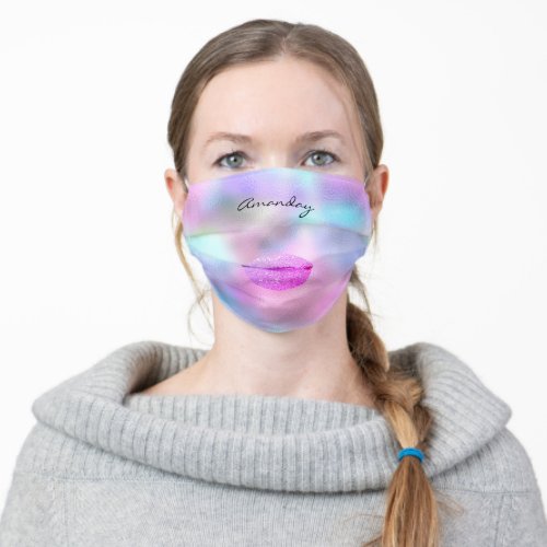 Covid_19 Pink  Lips Monogram Name Custom Holograph Adult Cloth Face Mask