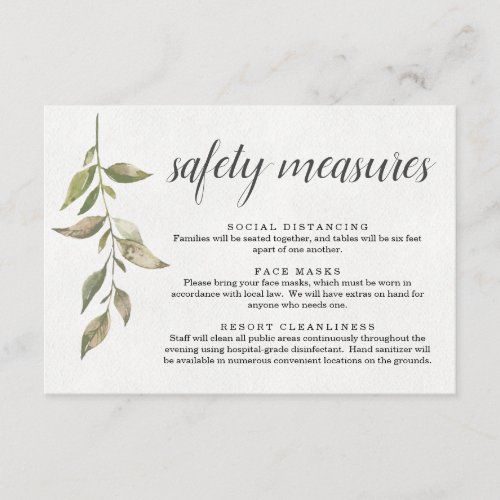 Covid 19 Safety Mask Social Distancing Information Enclosure Card - Covid 19 Safety Mask Social Distancing Information - Use a wonderfully elegant backdrop to communicate all the safety information for your guests.  Delicate greenery on a solid white background contrast nicely with the green watercolors on the reverse side.