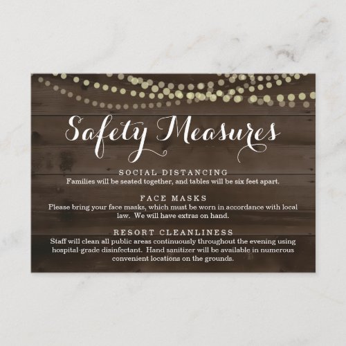 Covid 19 Safety Mask Social Distancing Information Enclosure Card - Covid 19 Safety Mask Social Distancing Information Enclosure Card -  Use a wonderfully rustic dark wood backdrop to communicate all the safety information for your guests.