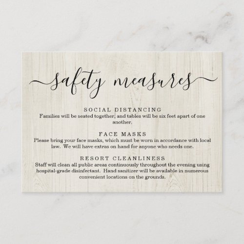 Covid 19 Safety Mask Social Distancing Information Enclosure Card - Use a wonderfully rustic wood backdrop to communicate all the safety information for your guests.