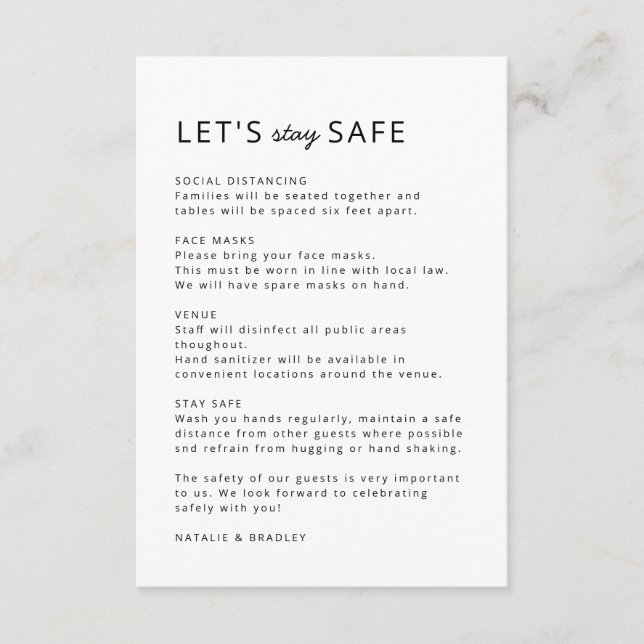 Covid 19 Safety Measures | Clean Simple Wedding Enclosure Card (Front)