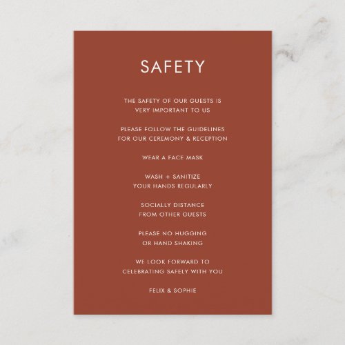 Covid 19 Safety  Terracotta Burnt Orange Wedding Enclosure Card