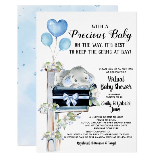 Covid Baby Shower Boy Elephant Invitation