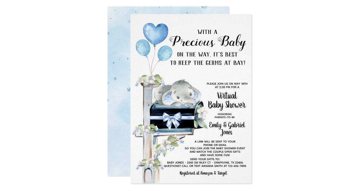 Covid Baby Shower Boy Elephant Invitation | Zazzle.com