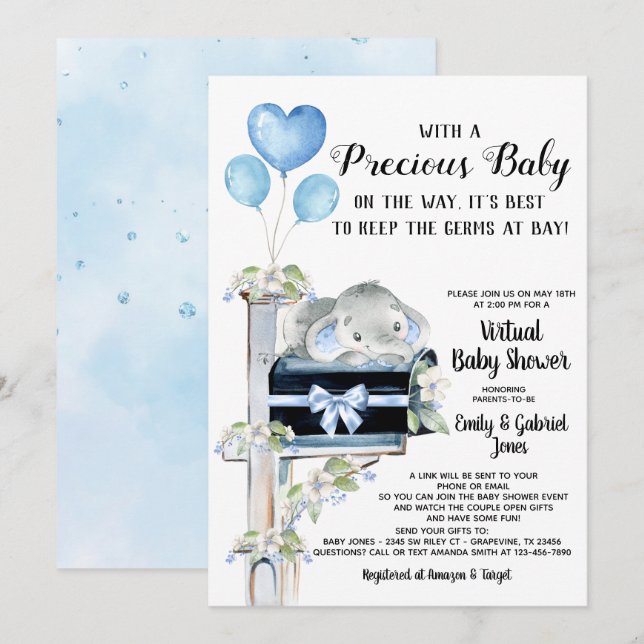 Covid Baby Shower Boy Elephant Invitation (Front/Back)