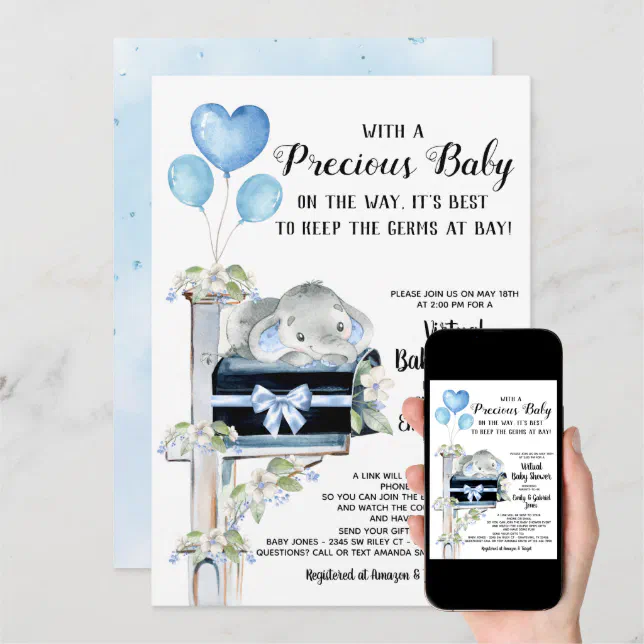 Covid Baby Shower Boy Elephant Invitation Zazzle