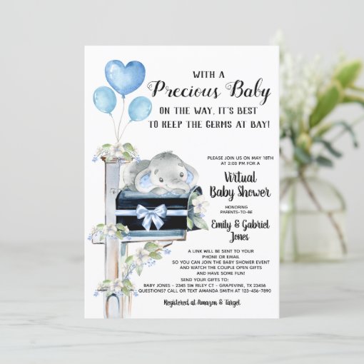 Covid Baby Shower Boy Elephant Invitation Zazzle