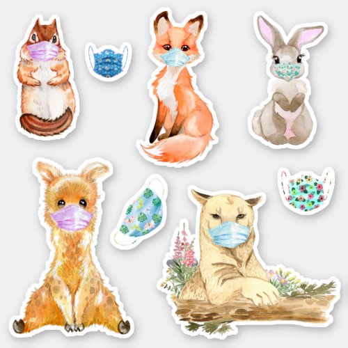 Covid Cute Watercolor Animals Fox Bunny LLama Sticker