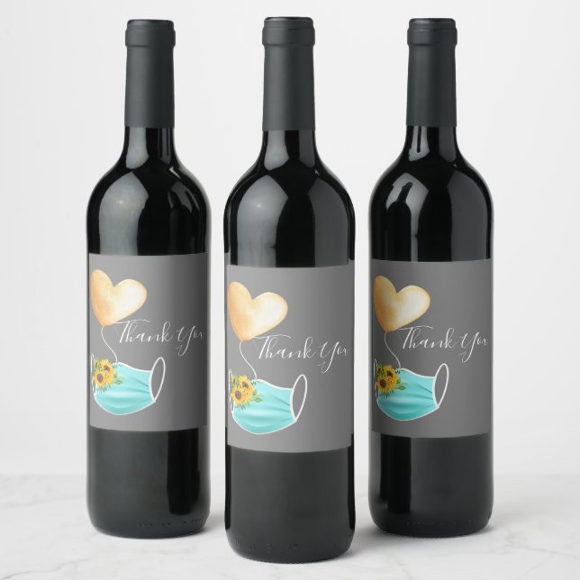Covid Face Mask & Flowers Thank You Wine Label (Bottles)