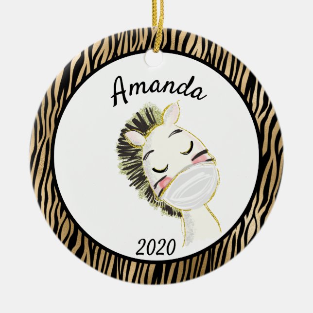 Covid Gold Zebra Wearing Face Mask 2020 Ceramic Ornament (Front)