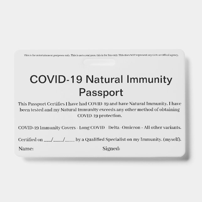 COVID Natural Immunity Passport ID's Badge card (Front)