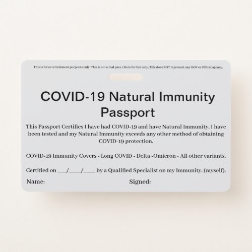 COVID Natural Immunity Passport IDs Badge card