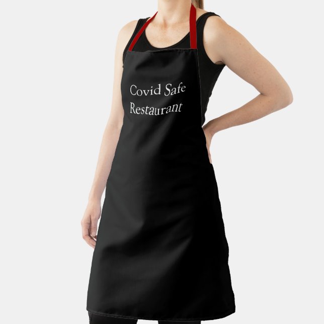 Covid Safe Message on Black Aprons (Insitu)