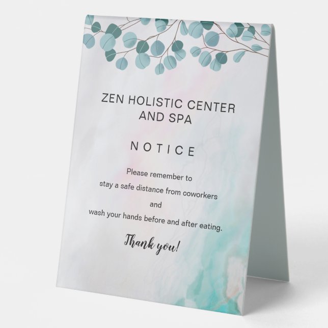 COVID Safety Teal Business Spa Break Room Table Tent (Front)