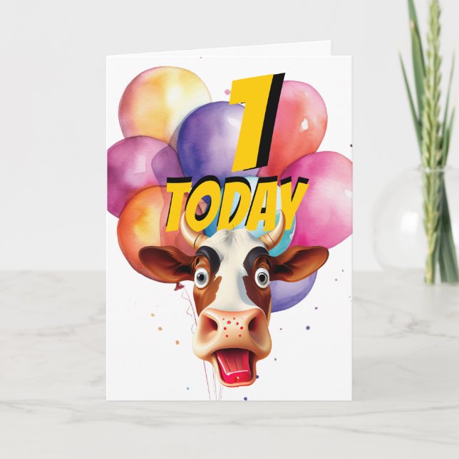 Cow 1st Birthday Balloons Card (Front)