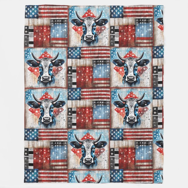 Cow American Flag Folk Art Fleece Blanket (Front)