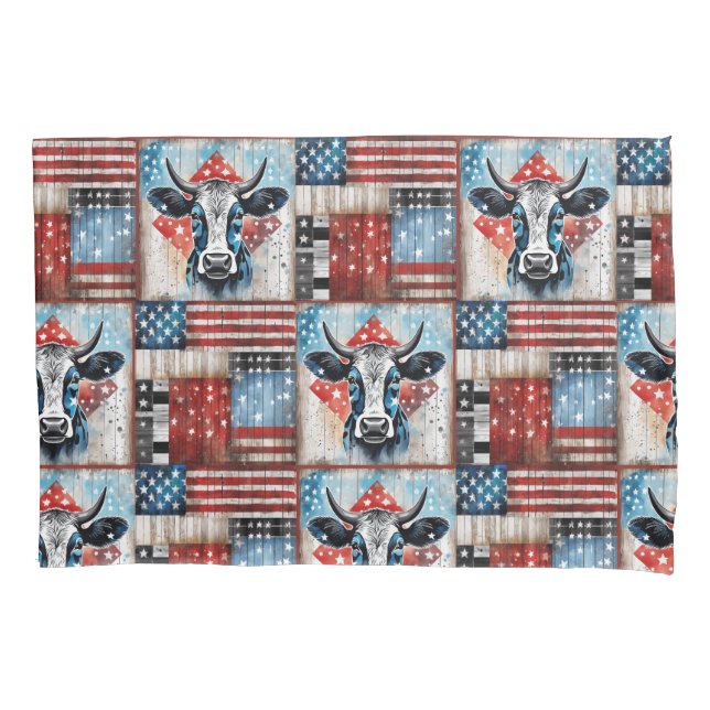 Cow American Flag Folk Art Pillow Case (Front)