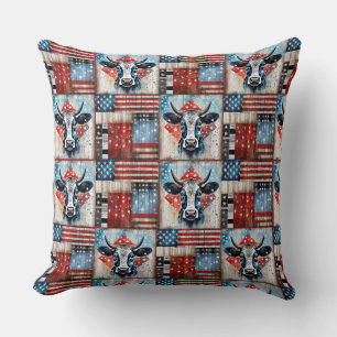 Cow American Flag Folk Art Throw Pillow