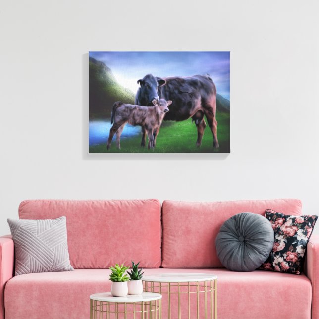 Cow and Calf by a Tranquil Lake in Rolling Hills Canvas Print (Insitu(LivingRoom))