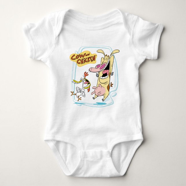 Cow and Chicken Laughing Graphic Baby Bodysuit (Front)
