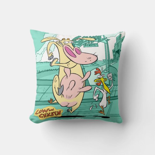 Cow and Chicken Running Graphic Throw Pillow