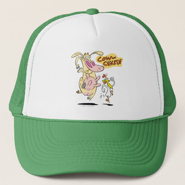 Cow and Chicken Running Graphic Trucker Hat (Front)