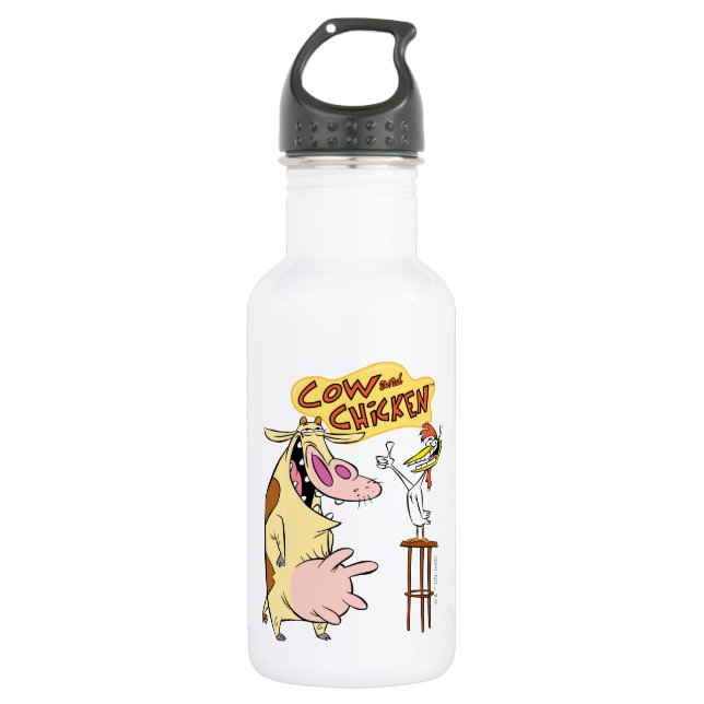 Cow and Chicken Smiling Graphic Stainless Steel Water Bottle (Front)