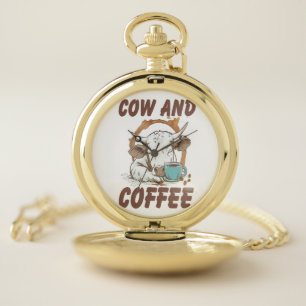 Cow and Coffee Png, Funny Western Girl Pocket Watch