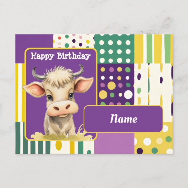 Cow and retro dots and lines Happy Birthday Postcard (Front)