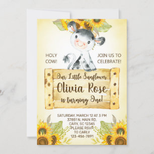 Cow and sunflowers girl 1st birthday invite. invitation