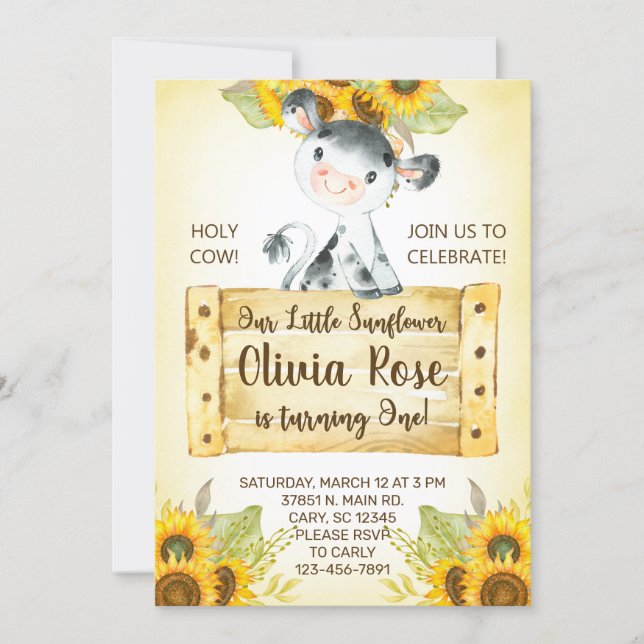 Cow and sunflowers girl 1st birthday invite. invitation (Front)