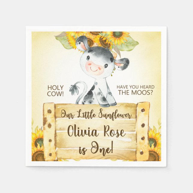 Cow and sunflowers girl first birthday napkins. napkins (Front)