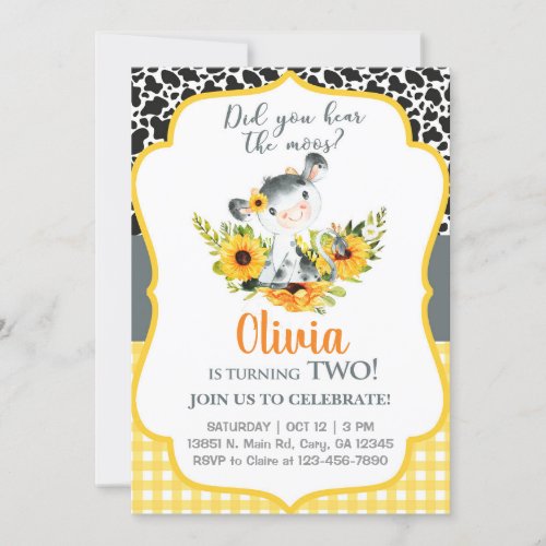 Cow and sunflowers have you heard the moos invite invitation