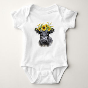 Cow and Sunflowers, highland cow Baby Bodysuit