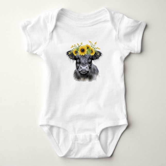Cow and Sunflowers, highland cow Baby Bodysuit (Front)