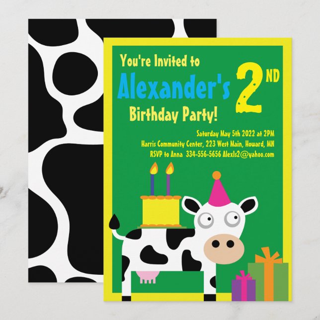 Cow Animal Kid's Birthday Party Invitations (Front/Back)