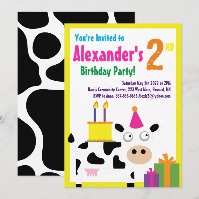 Cow Animal Kid's Birthday Party Invitations (Front/Back)