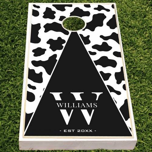 Cow Animal Print Black  White Monogram Family Cornhole Set