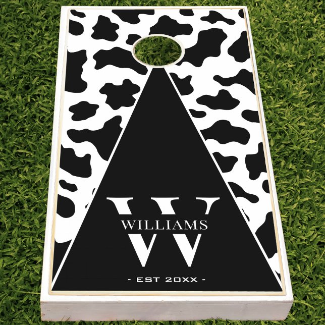 Cow Animal Print Black & White Monogram Family Cornhole Set (Cow Animal Print Black & White Monogram Family Cornhole Set)