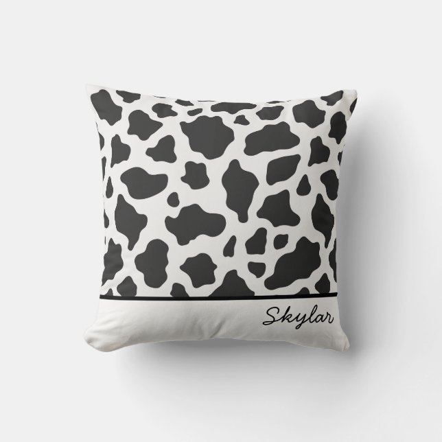 Cow Animal Print Custom Cursive Name Throw Pillow (Front)