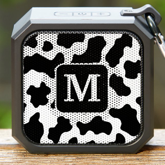 Cow Animal Print Spotted Black & White Monogram Bluetooth Speaker (cow print monogram speaker)