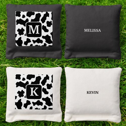 Cow Animal Print Spotted Black  White Monogram Cornhole Bags