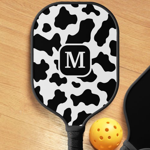 Cow Animal Print Spotted Black  White Monogram Pickleball Paddle