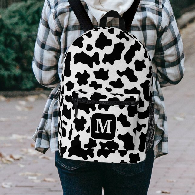 Cow Animal Print Spotted Black & White Monogram Printed Backpack (Cow Animal Print Spotted Black & White Monogram Printed Backpack)