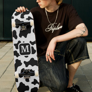 Cow Animal Print Spotted Black & White Monogram Skateboard
