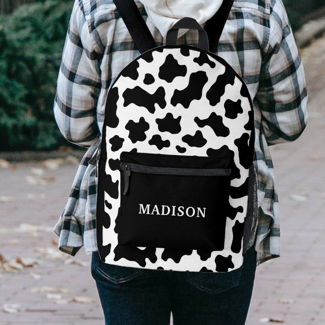 Cow Animal Print Spotted Black & White Name Printed Backpack (Cow Animal Print Spotted Black & White Name Printed Backpack)