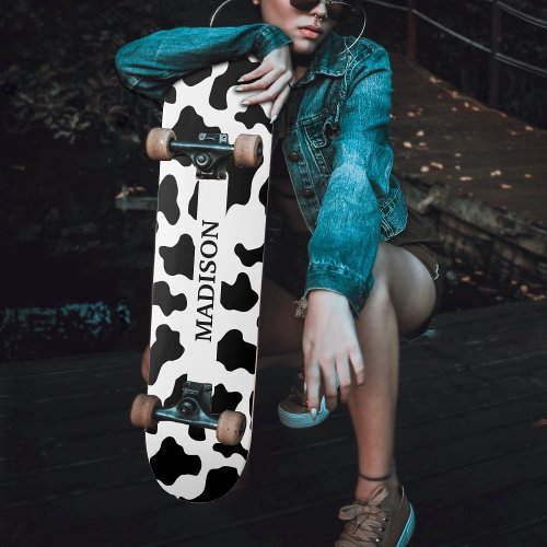 Cow Animal Print Spotted Black  White Name Skateboard