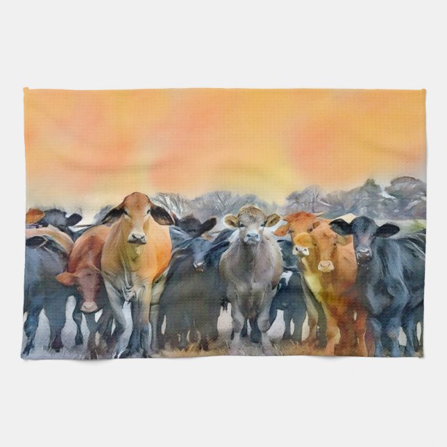 Cow Art Farm Style Rustic Tones Kitchen Kitchen Towel (Horizontal)